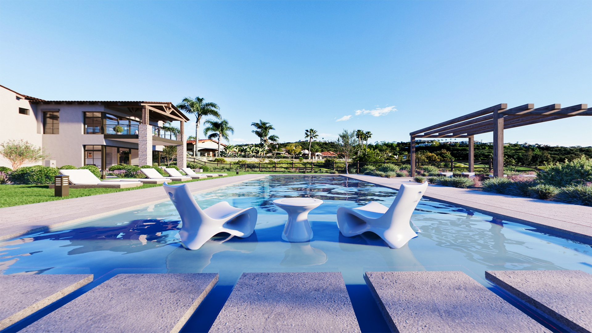 Luxury home pool rendering with Rancho Santa Fe aerial photography in the background