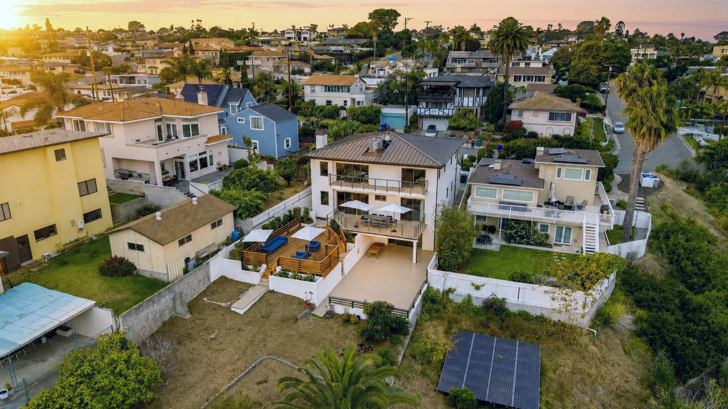Virtually staged aerial photo of the back of a Point Loma home in San Diego
