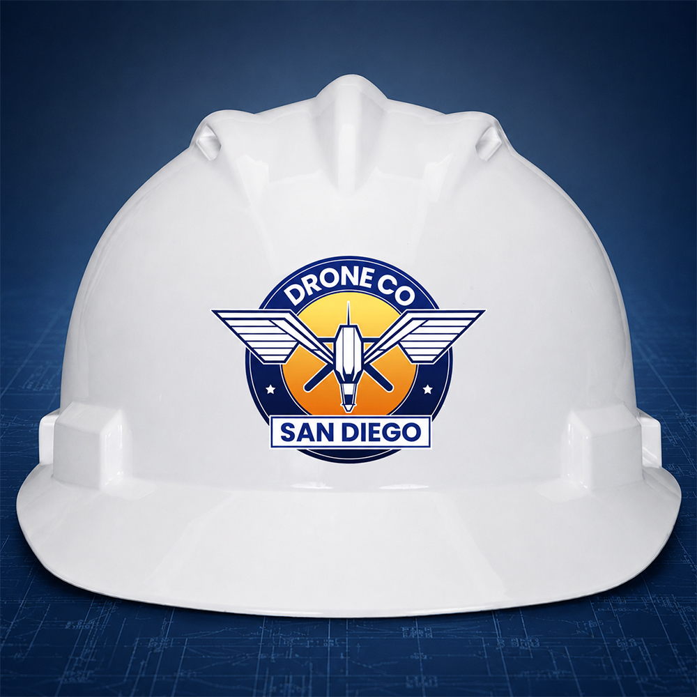 Drone Company San Diego logo on a construction hard hat